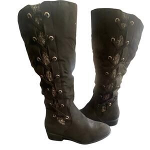 Women’s Black Knee High Lace Up Side Zip Boots Size 8 M Faux Suede Winter